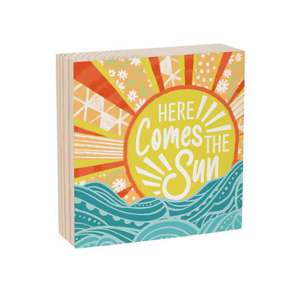 Plow & Hearth Blue Coastal Make Waves Sign Wood Block "Here Comes The Sun" 6"x6"