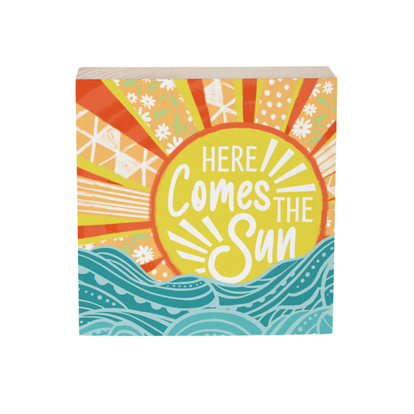 Plow & Hearth Blue Coastal Make Waves Sign Wood Block "Here Comes The Sun" 6"x6"