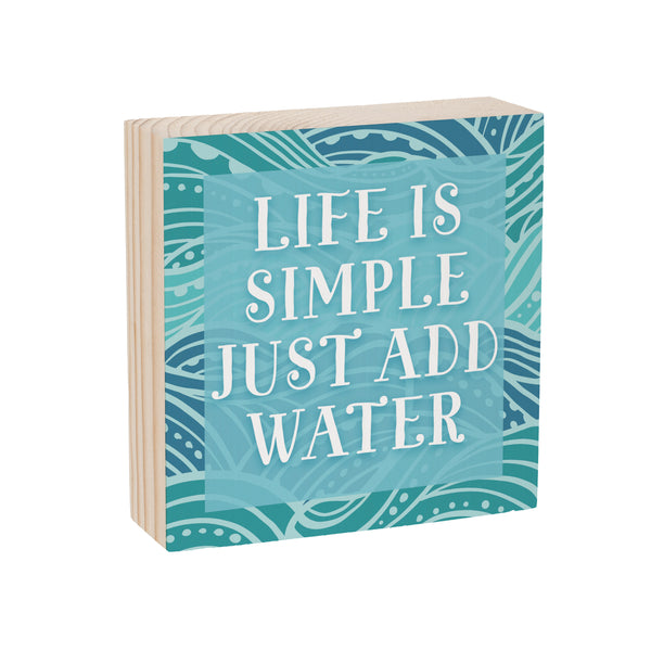 Plow & Hearth Blue Coastal Make Waves Sign Wood Block "Life Is Simple Just Add Water" 6"x6"