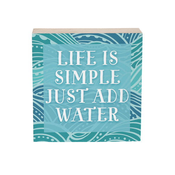 Plow & Hearth Blue Coastal Make Waves Sign Wood Block "Life Is Simple Just Add Water" 6"x6"