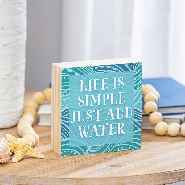 plow & hearth Blue Coastal Make Waves Sign Wood Block "Life Is Simple Just Add Water" 6"x6"