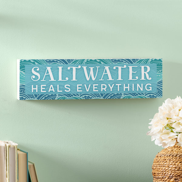 Plow & Hearth Blue Coastal Make Waves Wood Mantle Sign "Saltwater Heals Everything" 18"x5"