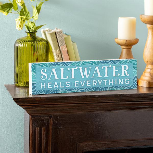 plow & hearth Blue Coastal Make Waves Wood Mantle Sign "Saltwater Heals Everything" 18"x5"