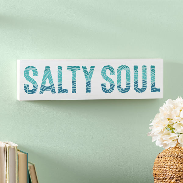 Plow & Hearth Blue Coastal Make Waves Wood Mantle Sign "Salty Soul" 18"x5"