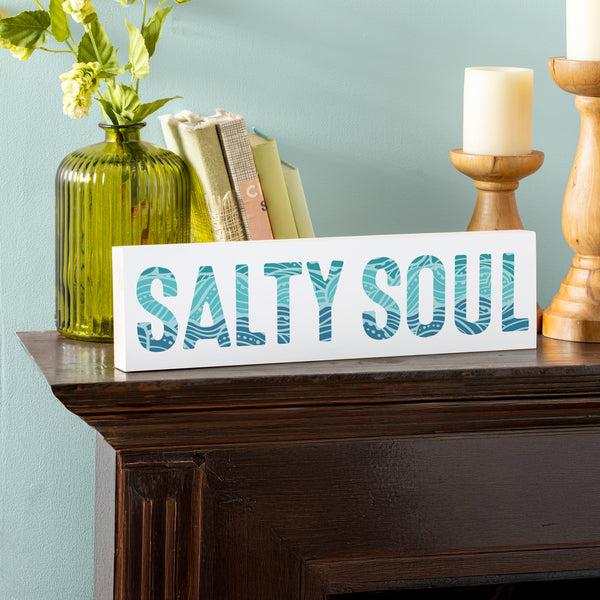 plow & hearth Blue Coastal Make Waves Wood Mantle Sign "Salty Soul" 18"x5"