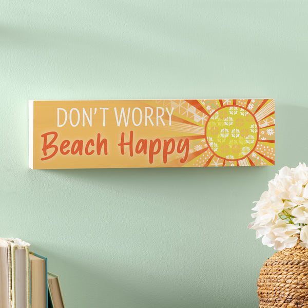 Plow & Hearth Blue Coastal Make Waves Wood Mantle Sign Sun "Don't Worry Beach Happy" 18"x5"