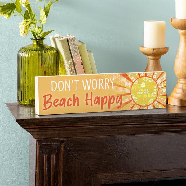 plow & hearth Blue Coastal Make Waves Wood Mantle Sign Sun "Don't Worry Beach Happy" 18"x5"