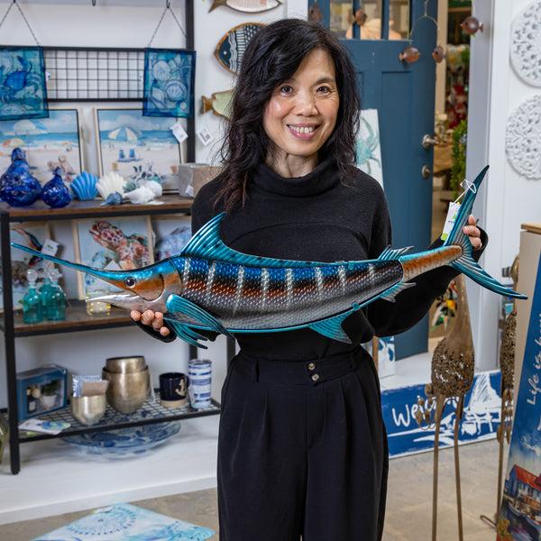 Plow & Hearth Blue Coastal Outdoor Wall Decor Metal & Glass Fish With Metallic Finish