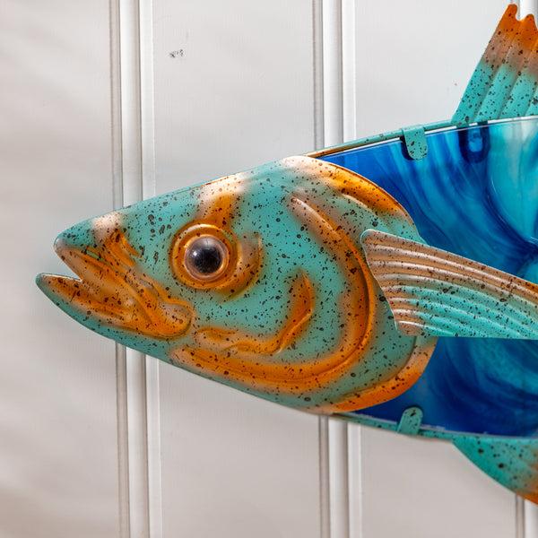 Plow & Hearth Blue Coastal Outdoor Wall Decor Metal & Glass Fish With Metallic Finish