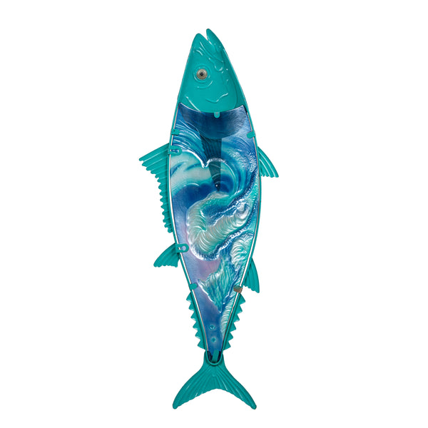 Plow & Hearth Blue Coastal Outdoor Wall Decor Metal & Glass Fish With Metallic Finish