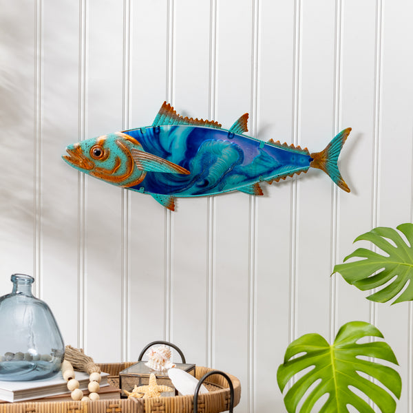 plow & hearth Blue Coastal Outdoor Wall Decor Metal & Glass Fish with Metallic Finish