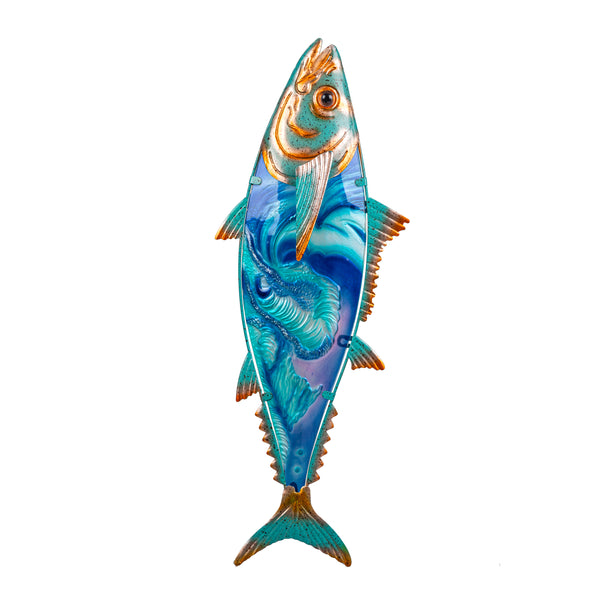 Plow & Hearth Blue Coastal Outdoor Wall Decor Metal & Glass Fish With Metallic Finish