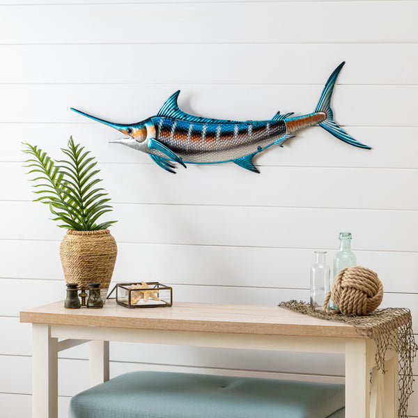 plow & hearth Blue Coastal Outdoor Wall Decor Metal & Glass Fish with Metallic Finish