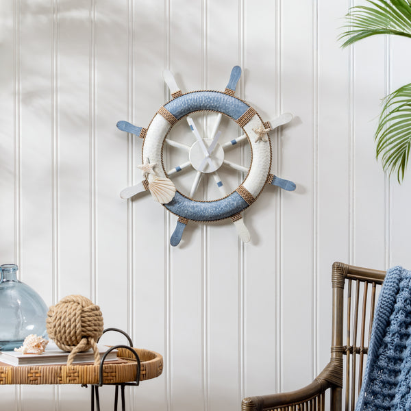 plow & hearth Blue Coastal Outdoor Wall Decor Metal Nautical Clock 21" L x 21" H