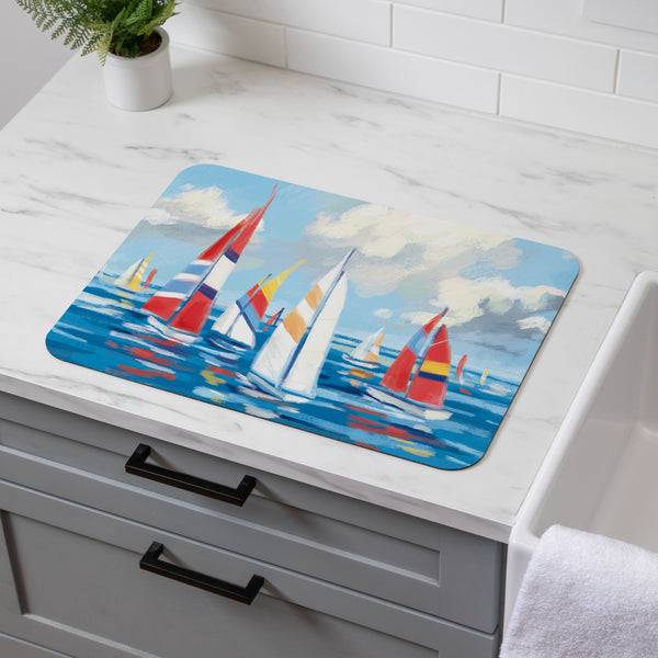 plow & hearth Blue Coastal Sailboats Drying Mat 20"x15"