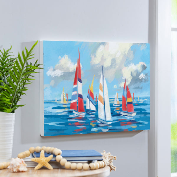 plow & hearth Blue Coastal Sailboats Indoor Wall Décor Wood 24"x16"