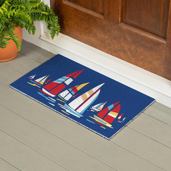 Plow & Hearth Blue Coastal Sailboats PVC Trapper Mat Landscape 28"x16"