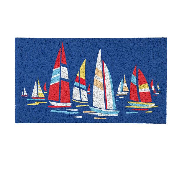 Plow & Hearth Blue Coastal Sailboats PVC Trapper Mat Landscape 28"x16"