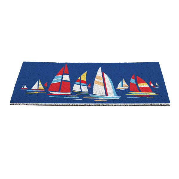 Plow & Hearth Blue Coastal Sailboats PVC Trapper Mat Landscape 28"x16"