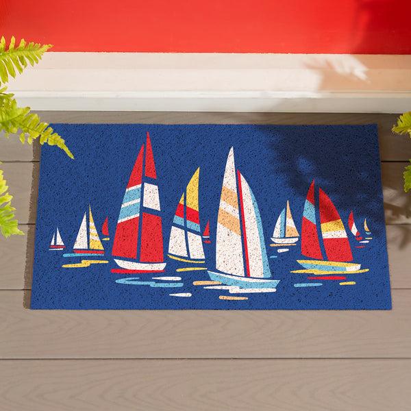 plow & hearth Blue Coastal Sailboats PVC Trapper Mat Landscape 28"x16"