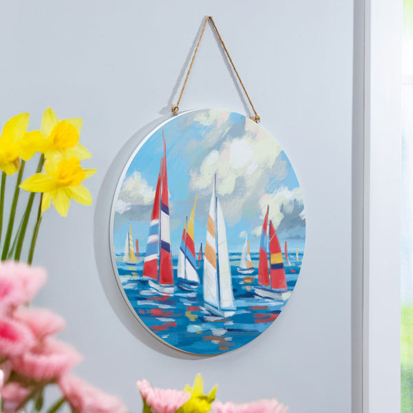 Plow & Hearth Blue Coastal Sailboats Wood Door Décor 18"