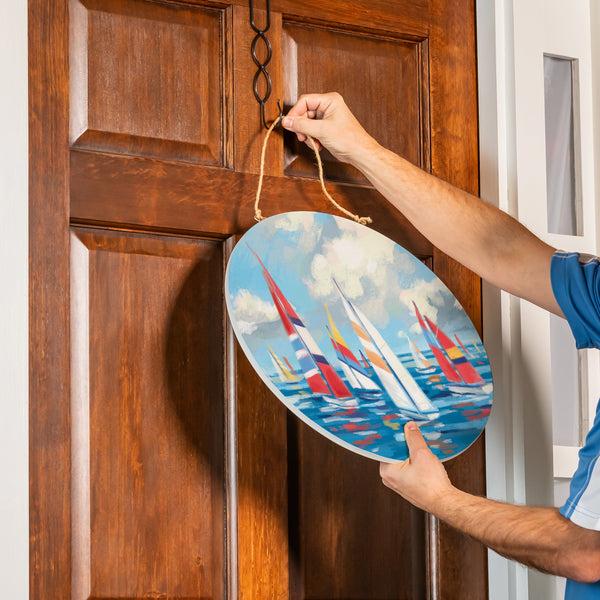 Plow & Hearth Blue Coastal Sailboats Wood Door Décor 18"