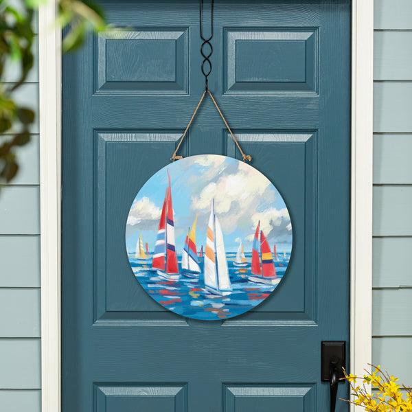 plow & hearth Blue Coastal Sailboats Wood Door Décor 18"