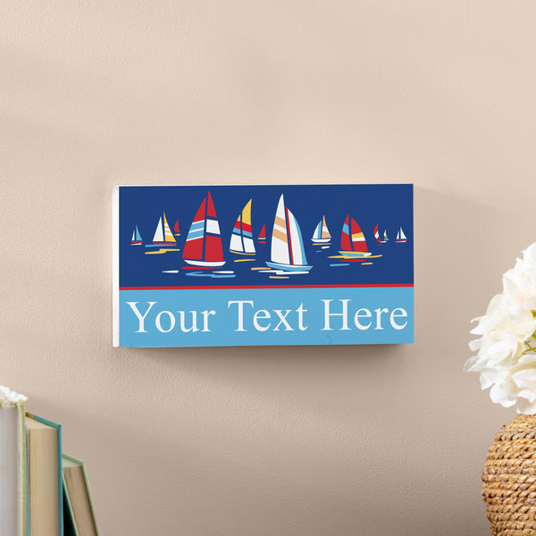 Plow & Hearth Blue Coastal Sailboats Wood Hanging Sign W/ Rope Landscape With Personalization 11"x6"