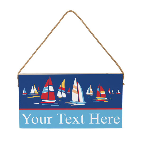 Plow & Hearth Blue Coastal Sailboats Wood Hanging Sign W/ Rope Landscape With Personalization 11"x6"