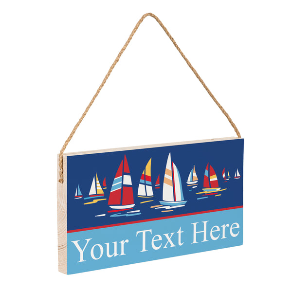 Plow & Hearth Blue Coastal Sailboats Wood Hanging Sign W/ Rope Landscape With Personalization 11"x6"