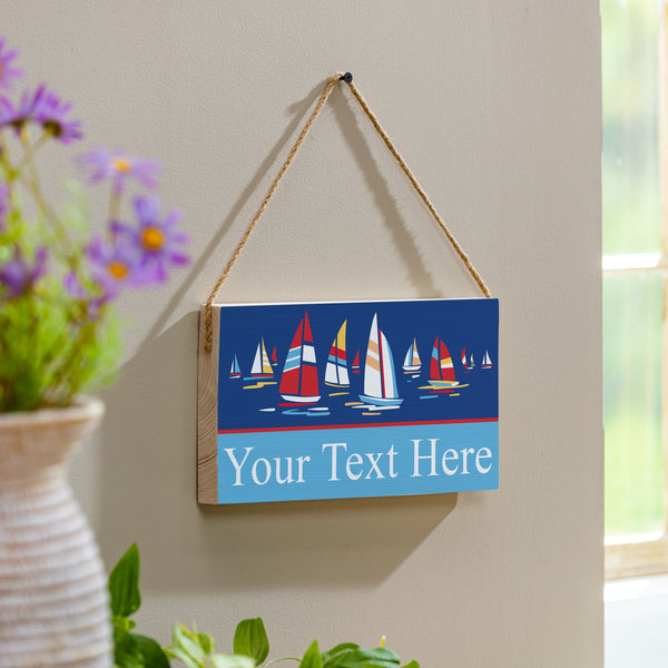 plow & hearth Blue Coastal Sailboats Wood Hanging Sign w/ Rope Landscape With Personalization 11"x6"