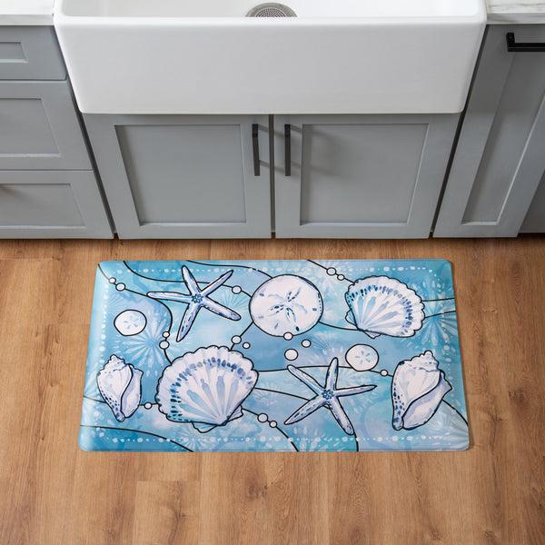 plow & hearth Blue Coastal Shells Anti-Fatigue Mat Sea Illustration 30"x18"