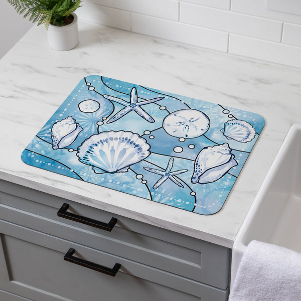 plow & hearth Blue Coastal Shells Drying Mat Sea Illustration 20"x15"