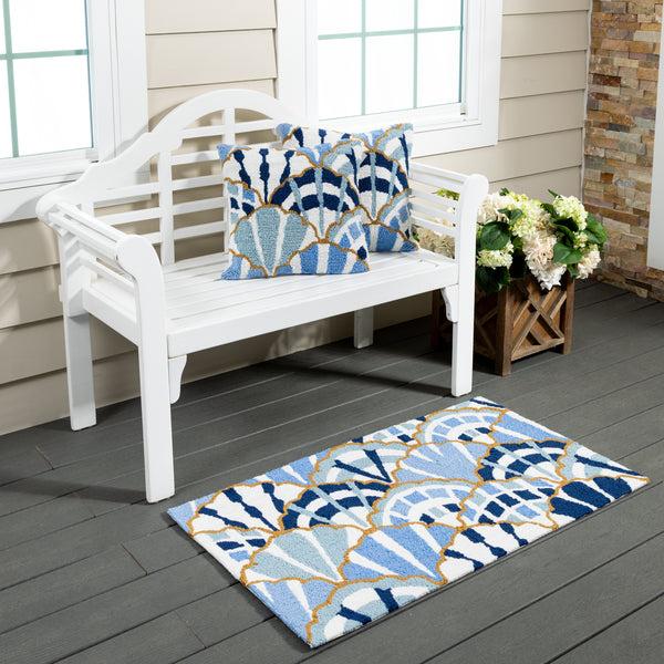 Plow & Hearth Blue Coastal Shells Pattern Indoor/Outdoor Hooked Pillow 18"x18"