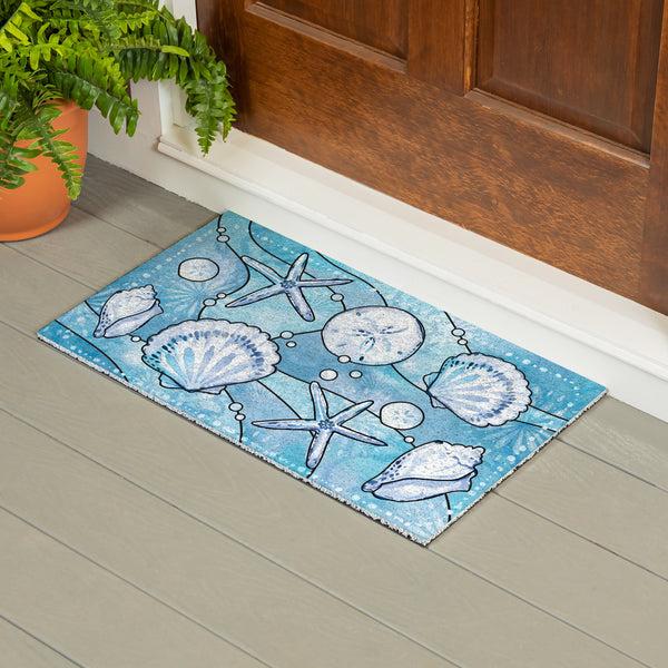 Plow & Hearth Blue Coastal Shells PVC Trapper Mat Sea Illustration 28"x16"