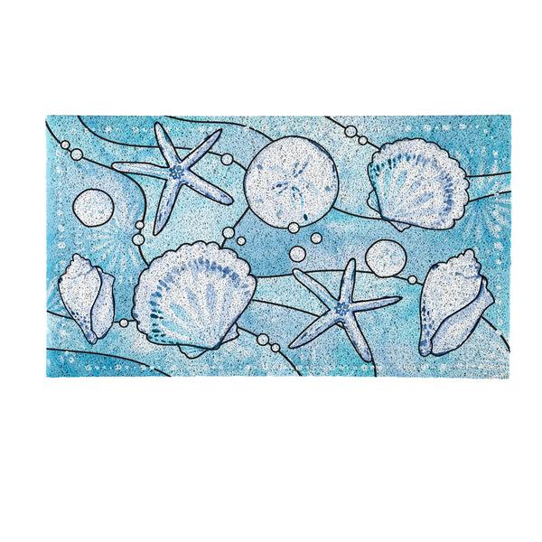 Plow & Hearth Blue Coastal Shells PVC Trapper Mat Sea Illustration 28"x16"