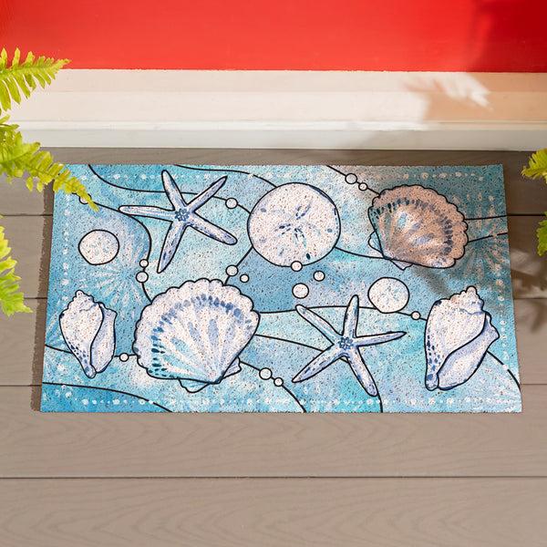 plow & hearth Blue Coastal Shells PVC Trapper Mat Sea Illustration 28"x16"
