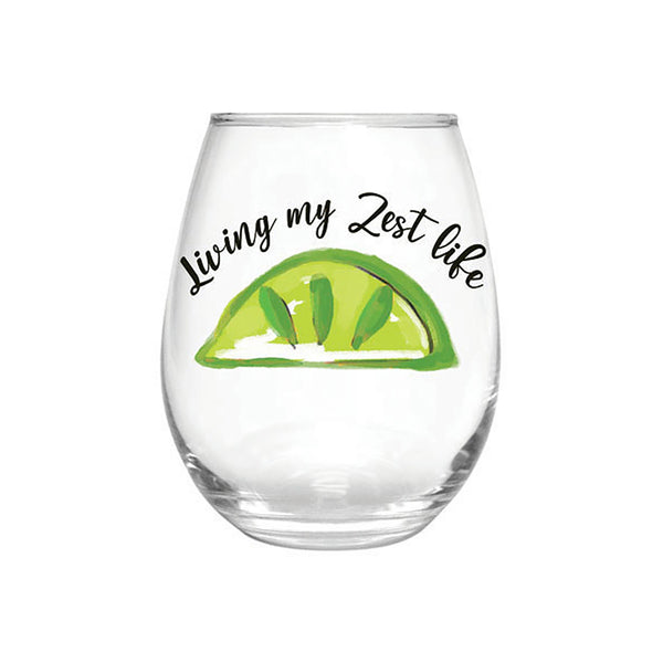 Plow & Hearth Blue Coastal Wine Glass Stemless Glass Living My Zest Life 17oz Gift Box