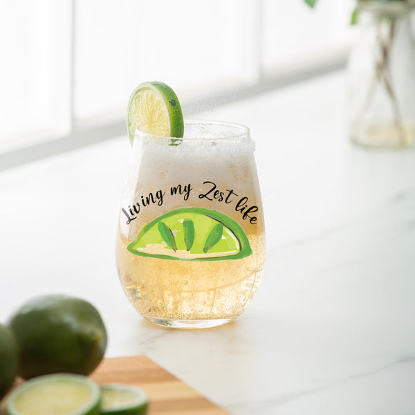 plow & hearth Blue Coastal Wine Glass Stemless Glass Living My Zest Life 17oz Gift Box