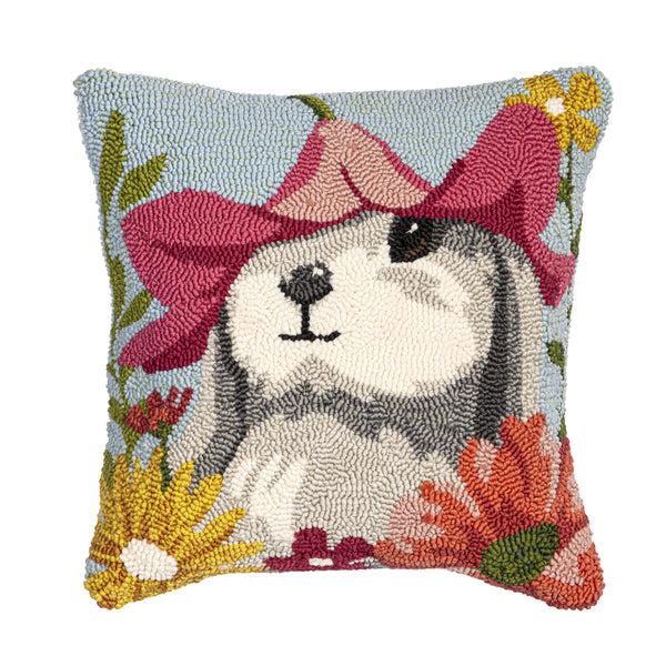 Plow & Hearth Bunny Blooms Flower Time Indoor/Outdoor Hooked Pillow 18"x18"