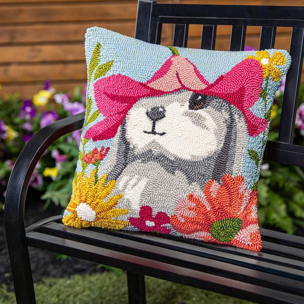 plow & hearth Bunny Blooms Flower Time Indoor/Outdoor Hooked Pillow 18"x18"