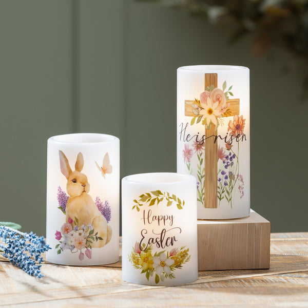 plow & hearth Bunny Blooms LED Table Decor Wax Candle Easter Set of 3 Gift Box