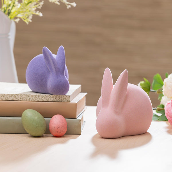 plow & hearth Bunny Blooms Table Decor Ceramic Flocked Bunny Set of 2