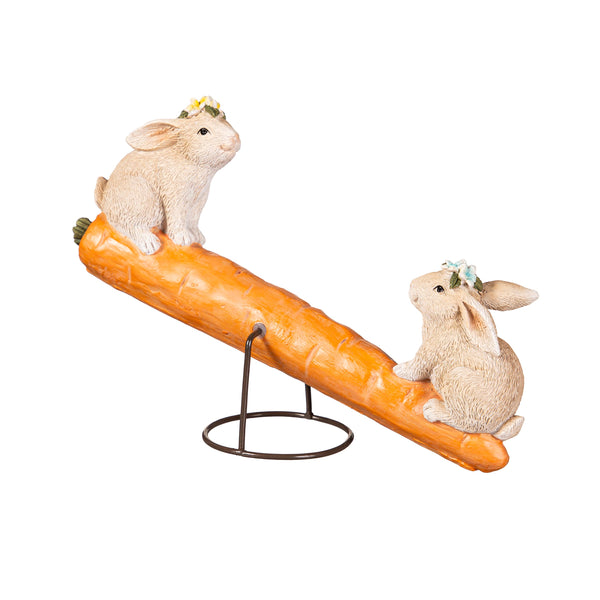 Plow & Hearth Bunny Blooms Table Decor Resin Bunnies On Carrot Seesaw 8"L
