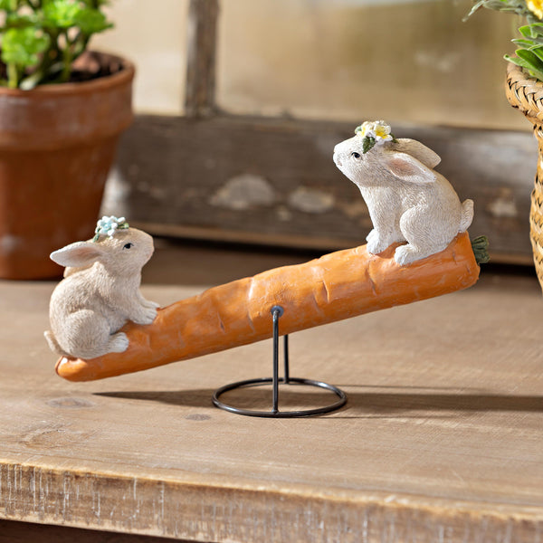 plow & hearth Bunny Blooms Table Decor Resin Bunnies on Carrot Seesaw 8"L