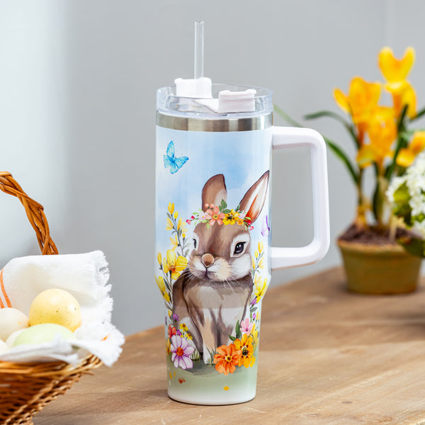 plow & hearth Bunny Blooms Tumbler Canyon Cup Double Wall Stainless Steel Bunny in Field 40oz Gift Box