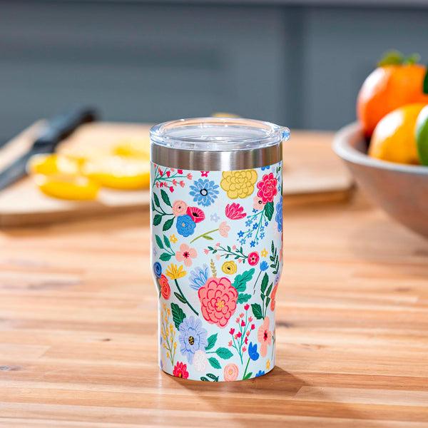 Plow & Hearth Bursting Blossoms Stainless Steel Quatre Chiller With Silicone Cap And Tumbler Slide Lid Gift Box