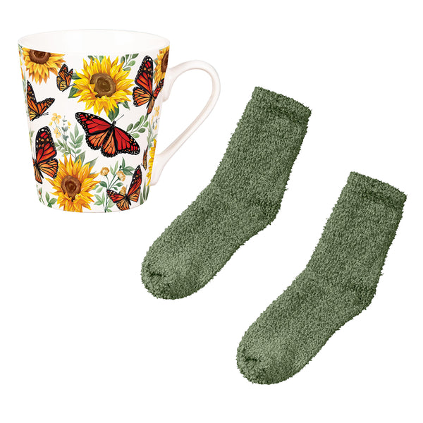 Plow & Hearth Butterfly Ceramic Flare Cup And Sage Socks Gift Set 12oz Gift Box