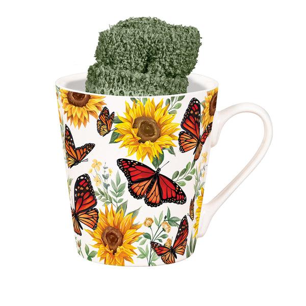 Plow & Hearth Butterfly Ceramic Flare Cup And Sage Socks Gift Set 12oz Gift Box
