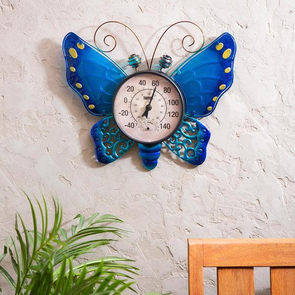 plow & hearth Butterfly Outdoor Wall Thermometer Blue